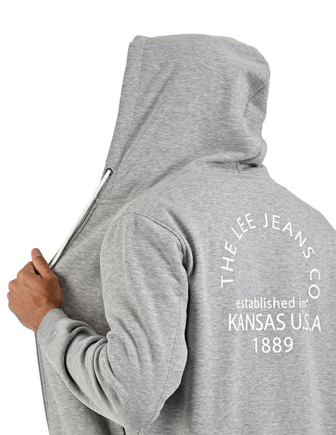 LEE sudadera hoodie gris para caballero con cierre y estampado en espalda.